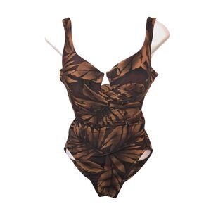 Miraclesuit Womens Size 12 Brown Tropical Print Slimming One Piece Swimsuit